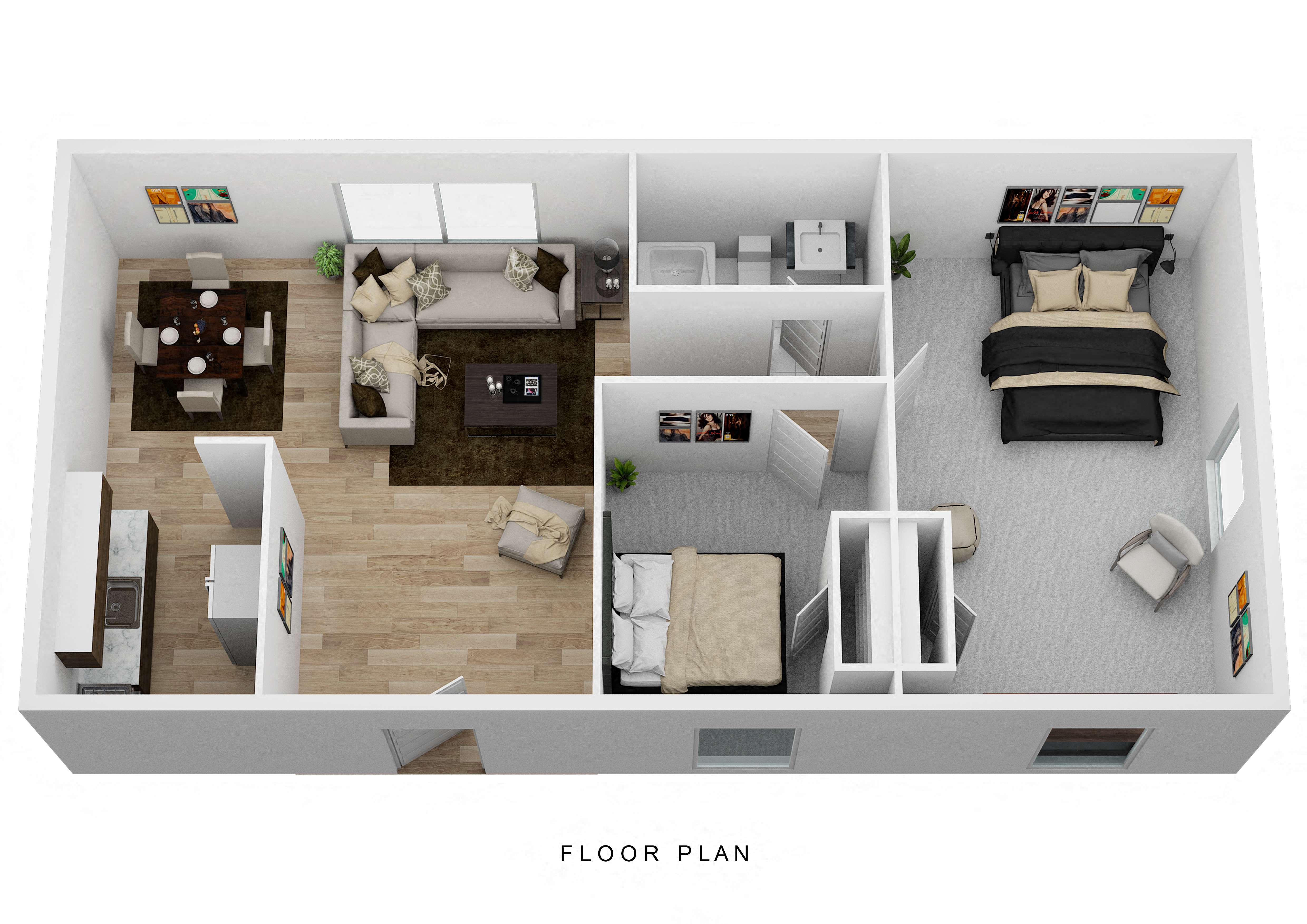 Floor plan for 2 beds, 1 bath, 740 sqft